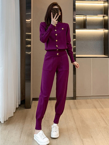 Casual sports suit women's spring and autumn self-cultivation and slim fashion age-reducing high-level knitted sweater two-piece western style
