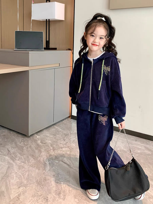 Original girls' velvet fashion suit middle-aged children's autumn clothes new children's rhinestone zipper shirt and sweatpants two-piece set