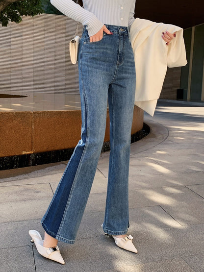 Mrs. Island song flared pants splicing jeans women's spring design sense long pants high waist slimming straight-leg pants