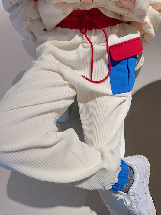 Thebestxue Korean version of the white corduroy pocket stitching beam pants sports pants women 2022 pants women autumn and winter