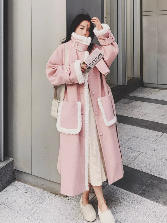 Pink lamb wool cotton coat women's winter thickened long knee-length 2022 new Korean version of loose cotton clothing tide ins