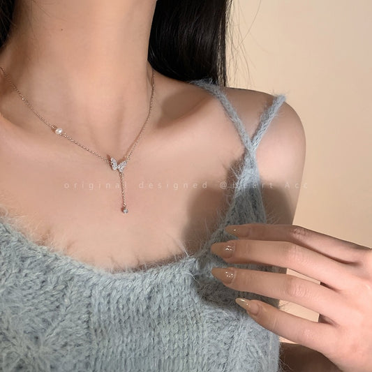Butterfly Tassel Zircon Necklace Women Korean Light Luxury High-end Delicate Clavicle Chain Spring Niche Design Sense Necklace