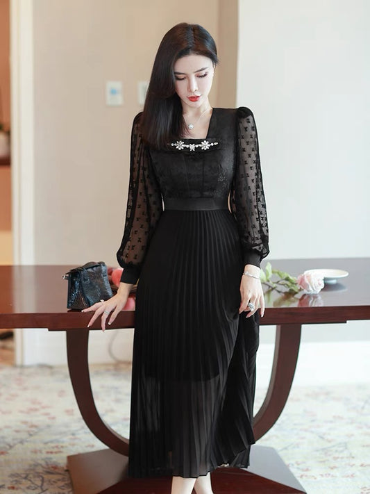 Temperament celebrity high-end dress 2022 new women's early autumn black slim long skirt satin waist pleated skirt