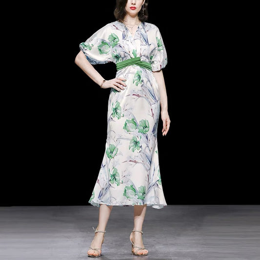 Summer women's clothing 2022 new temperament printed lantern sleeves waist slim satin fishtail dress long skirt skirt
