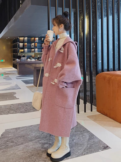 Pink cocoon-shaped woolen coat women's autumn and winter mid-length 2022 new Hepburn style fashion temperament woolen coat