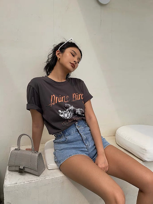 European and American cool girls love to wear retro motorcycle letters printed short-sleeved T-shirt casual street shooting personality top trend