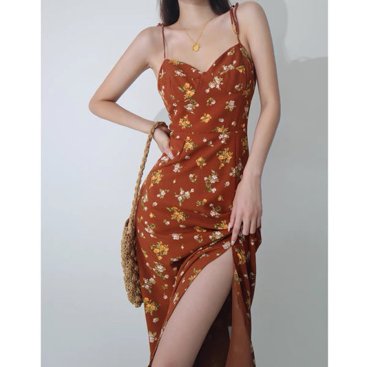 European and American style sexy hem split floral chiffon suspender dress women's waist and thin straps mid-length A-line skirt