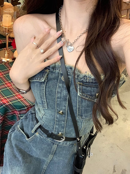 Design sense tube top denim dress female spring 2023 new waist slimming fringed fringed hot girl long skirt
