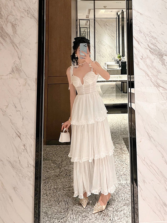 BETTER LS celebrity temperament white sling dress women's summer high-quality French dress cake dress skirt