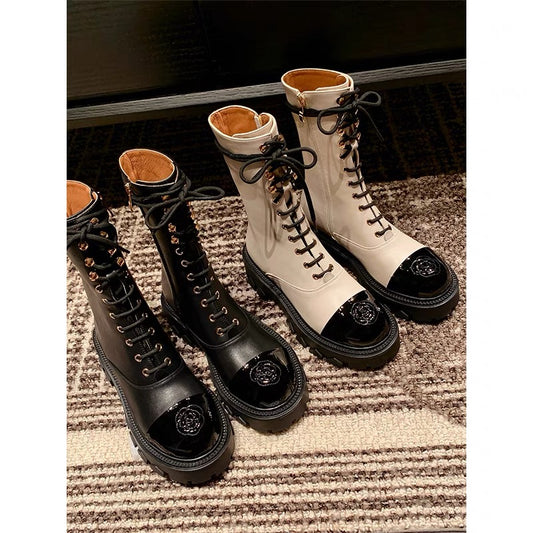 Mr. Jimmy's retro small fragrance camellia short boots women's spring and autumn single boots British style small thick-soled Martin boots