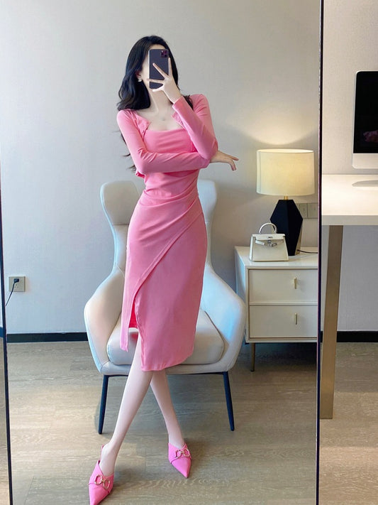 Pink suspender dress suit 2023 spring and autumn new temperament celebrity pure desire style sexy mid-length two-piece set