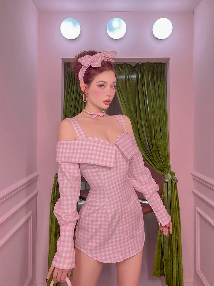 Le palais vintage original retro sweet and spicy style pink plaid slim fit pure desire fake two-piece dress