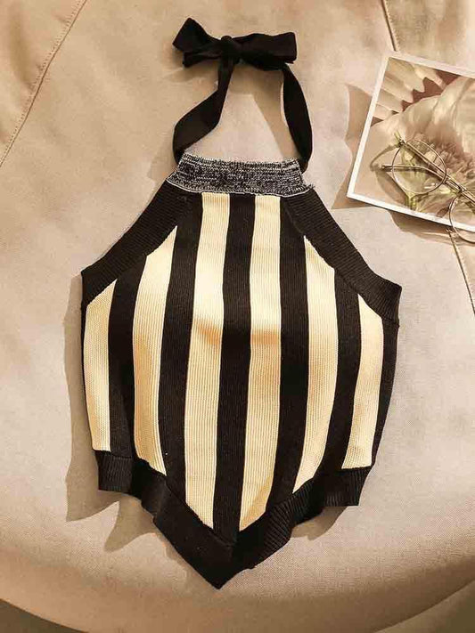 French striped halter neck camisole women's inner wear sexy hot girl slim design sense short bottoming top outerwear