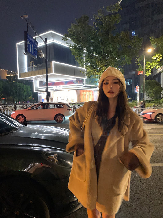 Qiu Rouyao winter new Korean version thinner solid color straight double-sided woolen coat thickened plus fluffy woolen coat for women