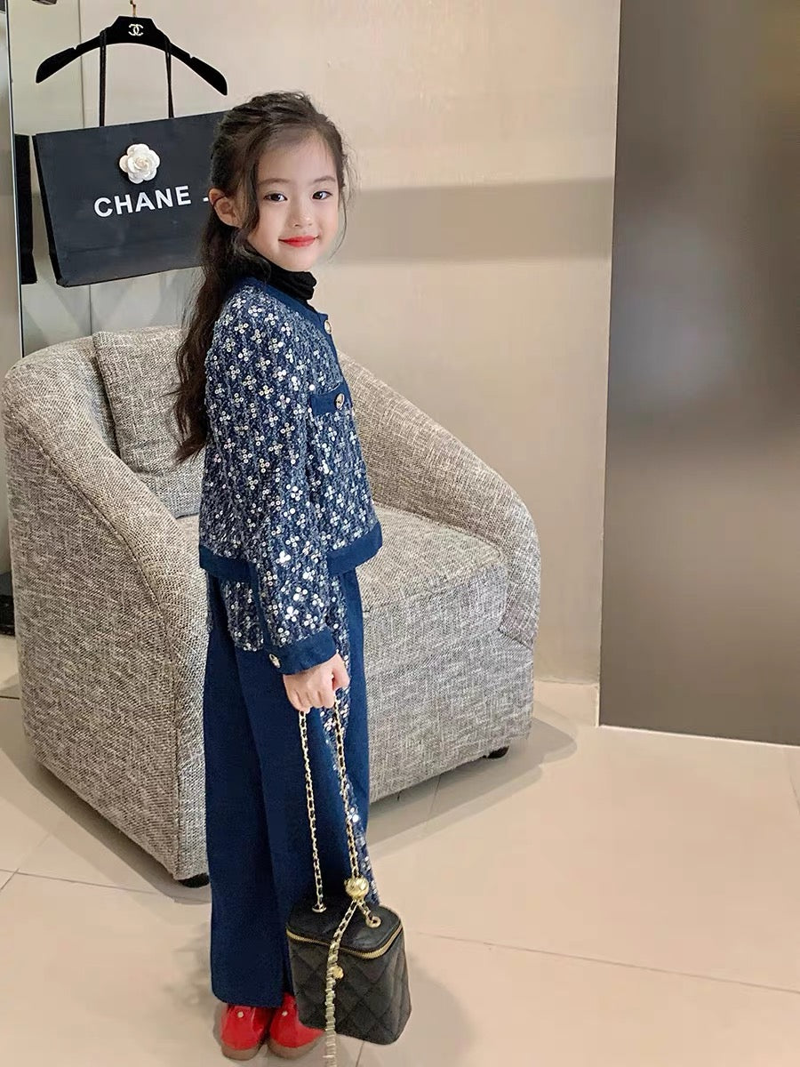 Original Girls Children's Clothing Autumn Small Fragrance Fashionable Suit Children's Baby Autumn Clothing Denim Sequin Jacket Wide Leg Pants