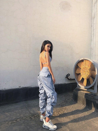 Self-made ins super cool multi-pocket overalls women's loose bf high-waisted casual pants women's slim pants