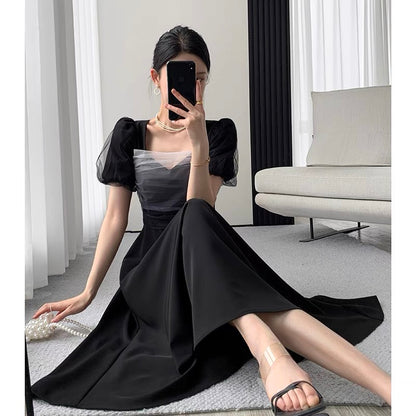 Guoge custom black dress women's 2022 summer new square collar French temperament slim Hepburn dress