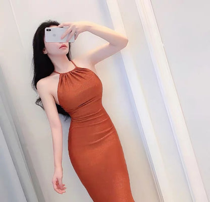 Long large open back temperament halter neck waist temperament dress