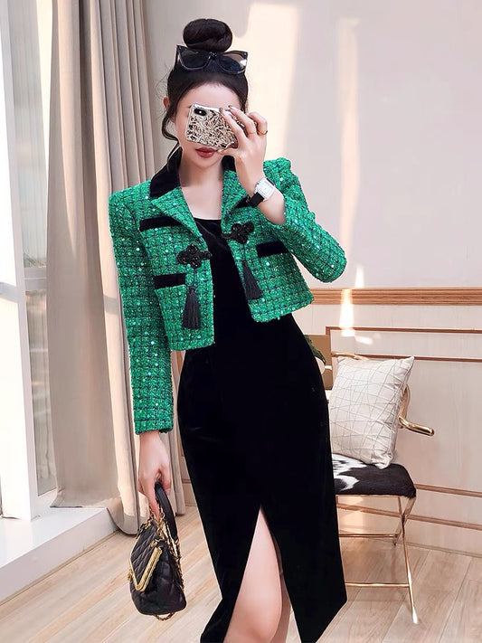 Early autumn women's suits light cooked 2022 new autumn tweed coats suspenders skirt two-piece salt series ladies suits