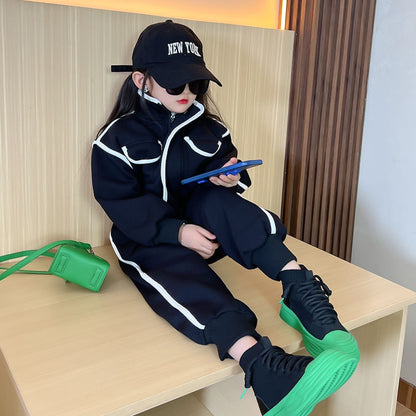 Girls' small fragrance suit stand collar 2022 girls autumn and winter new style foreign style fashionable casual plus velvet two-piece suit to keep warm