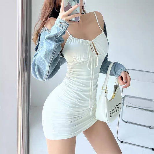 Pure desire wind suspender dress female summer waist elastic self-cultivation slimming backless hot girl all-match drawstring bag hip skirt 1498