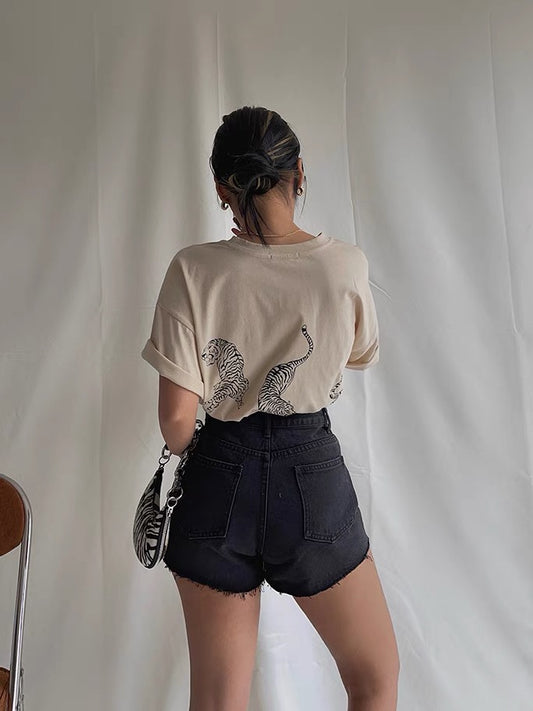 European and American ins retro three tigers front and back printed short-sleeved t-shirt women's casual all-match loose pullover top summer cool