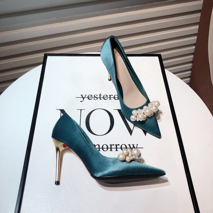 Satin high-heeled dress shoes 2022 autumn new Korean style French fairy style pearl pointed toe stiletto single shoes wedding shoes