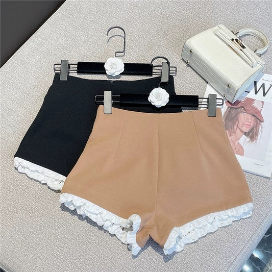 2022 summer new French style sweet contrasting color lace wrapping slim fit suit high waist hot pants shorts 1625