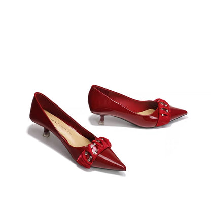AUENODLS leather wine red word lace pointed high-heeled shoes women patent leather bridesmaid low stiletto wedding shoes women