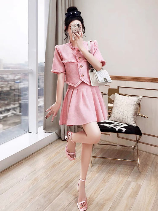 Celebrity temperament women's suit 2022 new summer dress western style bomb street pink top short skirt sweet and spicy two-piece skirt