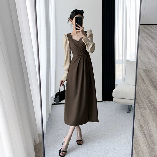 FT GUOGE square neck dress women's 2022 autumn new long-sleeved high-end French retro side slit long skirt 1595