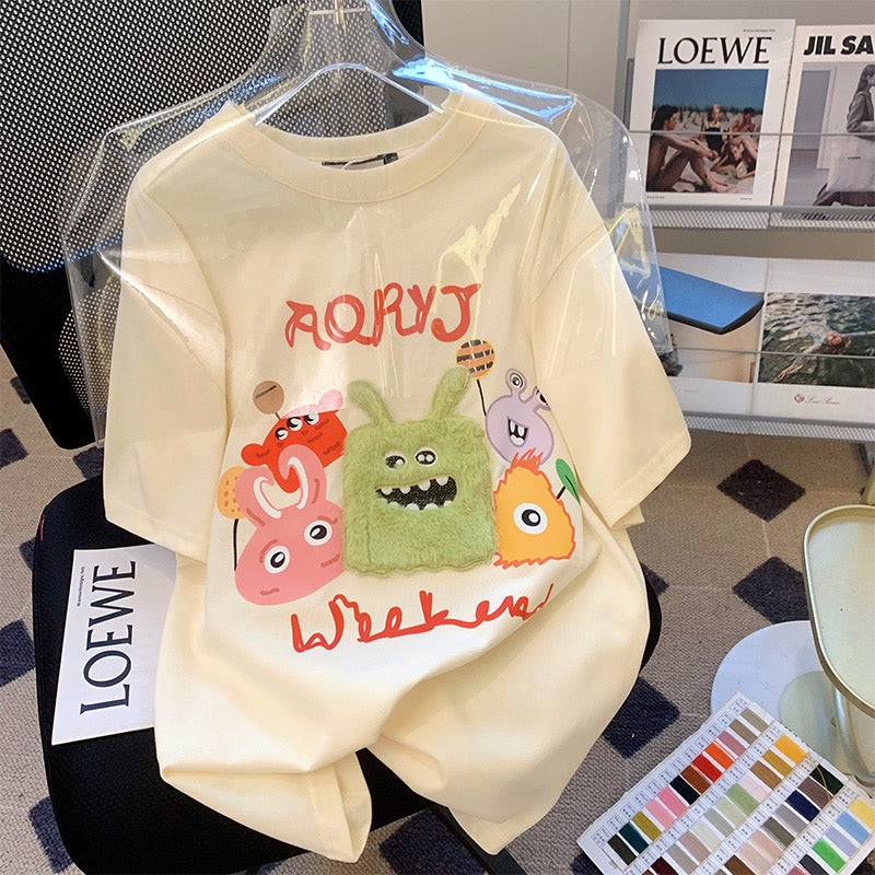 Apricot short-sleeved t-shirt women's summer loose foreign style age reduction all-match large version fun cartoon half-sleeved top clothes tide ins