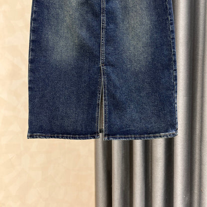 Dark washed denim skirt women's autumn new solid color all-match front slit high waist a-line bag hip long skirt