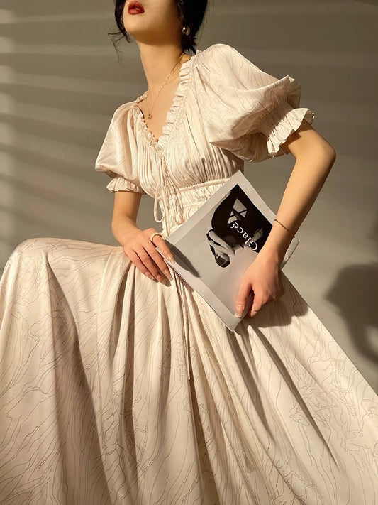Aconiconi｜Bai Yuweiyu French Art Print High Design Tea Break Waist Midi Dress