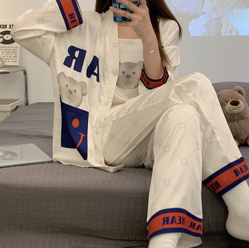 Spring, autumn and summer ice silk three-piece pajamas women's long-sleeved 2022 new cute bear suspender home service suit