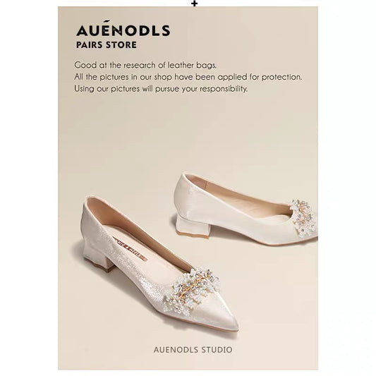 AUENODLS beige color word pearl pointed toe flat shoes high-end French thick heel wedding shoes main wedding dress girl