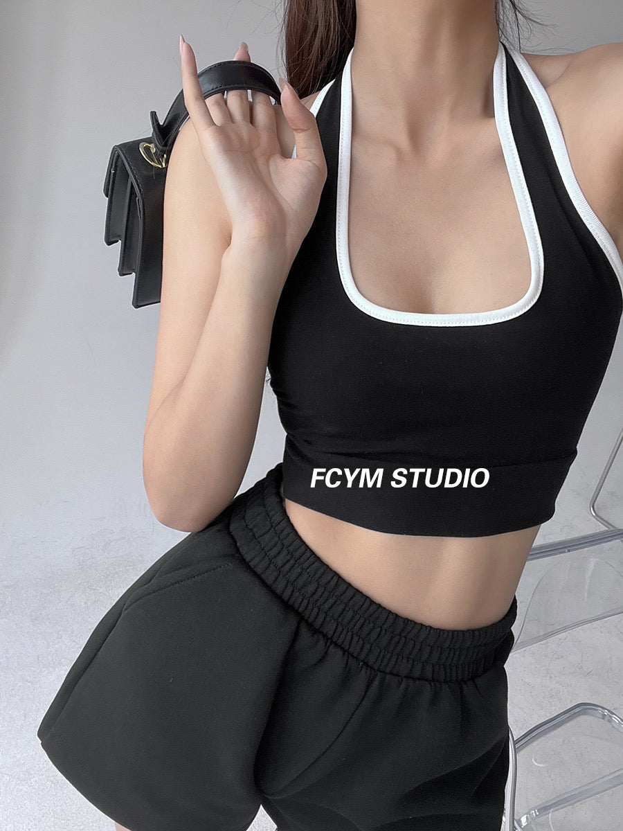 European and American color contrast halter neck halter camisole women's summer slim outerwear elastic sexy hot girl short crop top