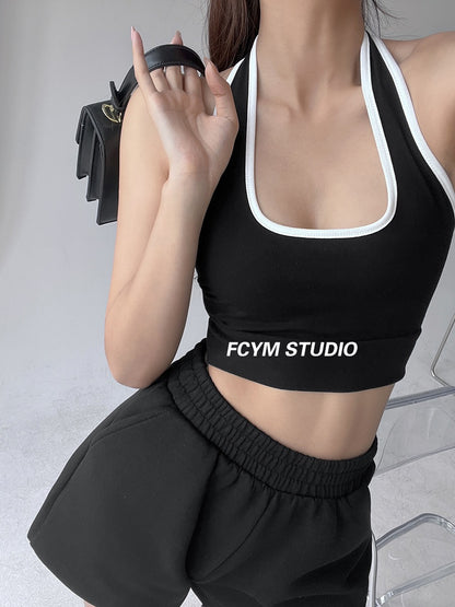 European and American color contrast halter neck halter camisole women's summer slim outerwear elastic sexy hot girl short crop top