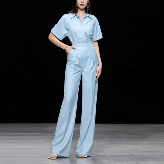2022 summer new temperament fashion simple style blue short-sleeved shirt + high waist wide leg slim trousers suit