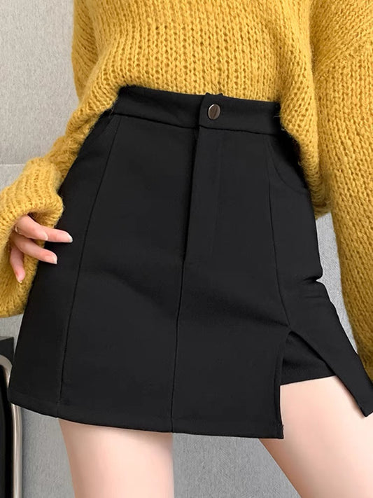 High waist slit black skirt women's autumn and winter new thickened lining anti-light babes a-line bag hip short skirt