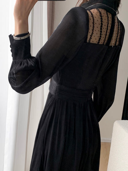Guoge customized black dress women's 2023 spring new high-end sense waist slimming long-sleeved skirt