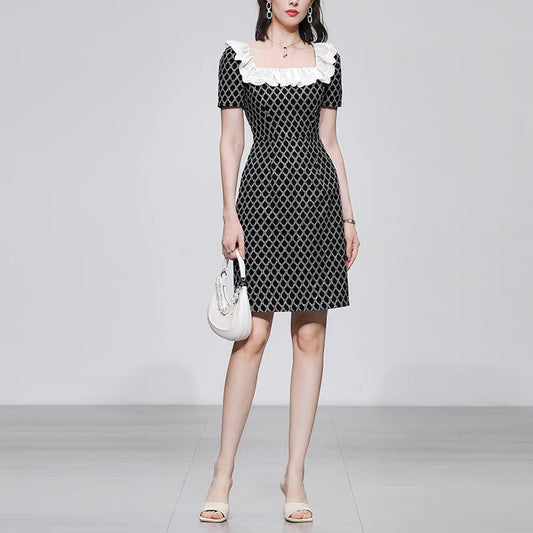 2022 summer new fashion lotus leaf lace square neck hollow embroidery simple A swing black short dress