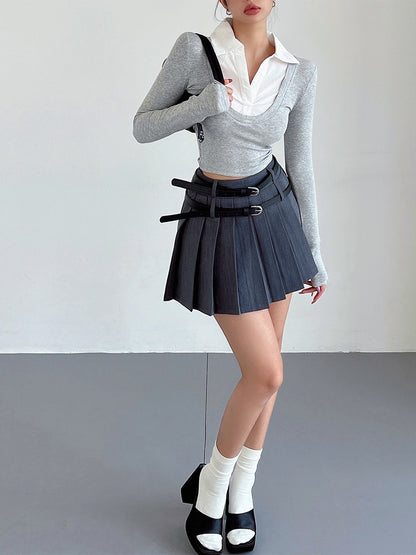 liviahome double belt pleated skirt skirt women's college sweet and spicy style black high waist slim A-line skirt
