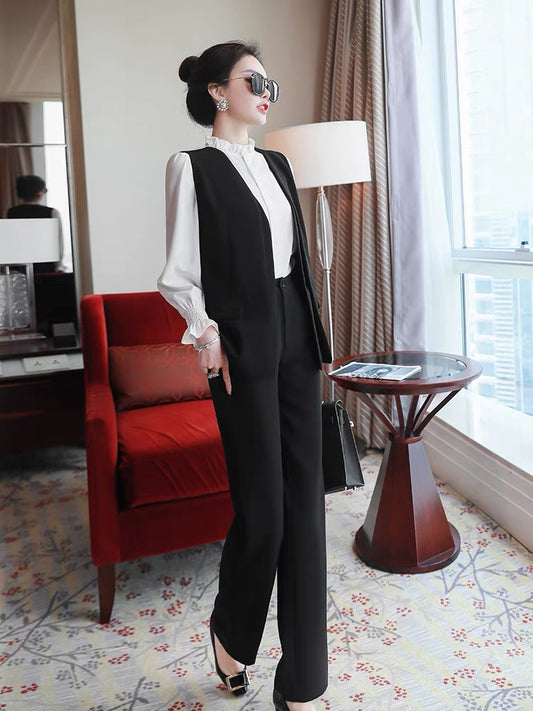 Temperament celebrity professional suit female 2022 new autumn clothes capable shirt vest suit pants fashion three-piece suit 1489