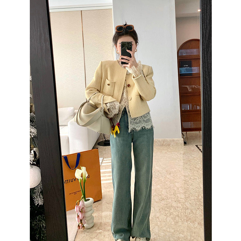 MUKOK high-waisted straight jeans women's spring 2023 new style slim slim wide-leg casual pants