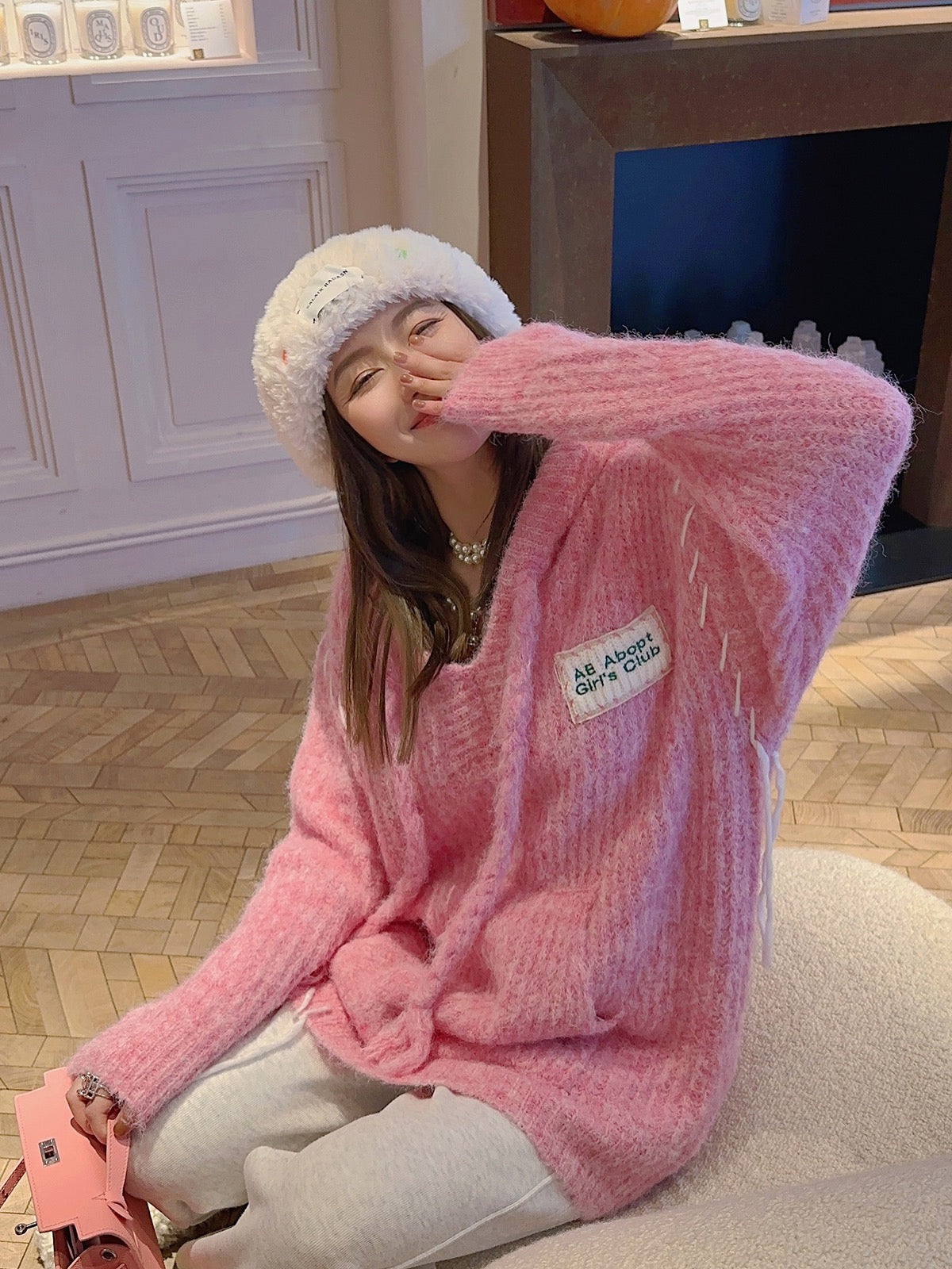 Thebestxue Korean version of fashionable design sense pink hooded drawstring pullover sweater women 2022 autumn and winter new trend