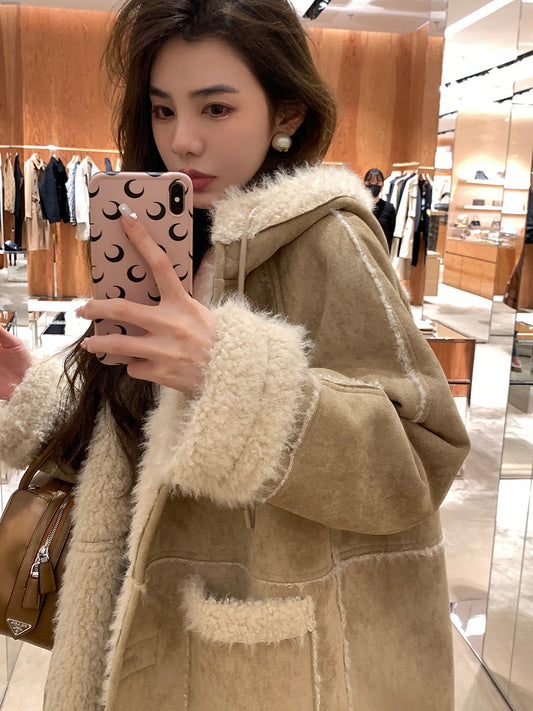 Qiu Rouyao's new hooded fur integrated warm casual thin and fragrant wind jacket women's winter plus velvet and thick