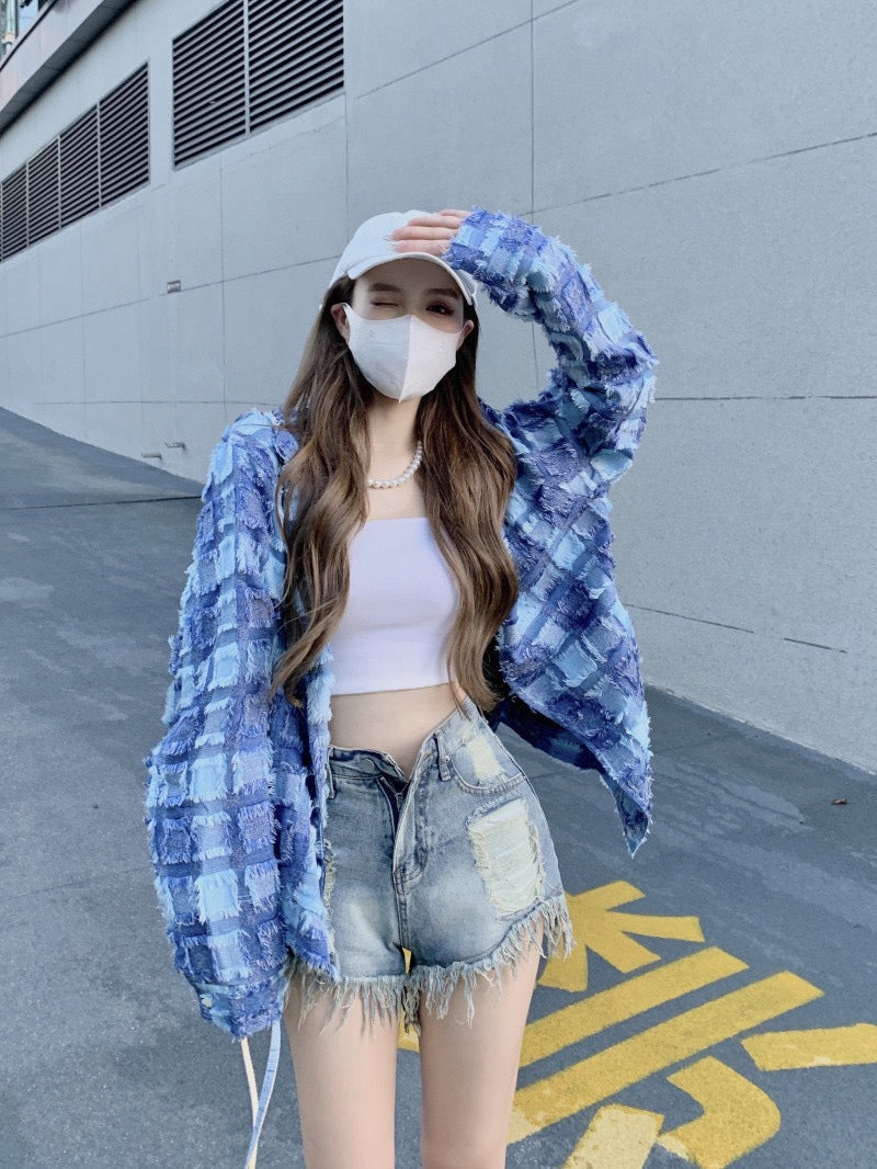 Retro chic blue plaid tassel long-sleeved shirt women's spring 2023 new mid-length loose top ins