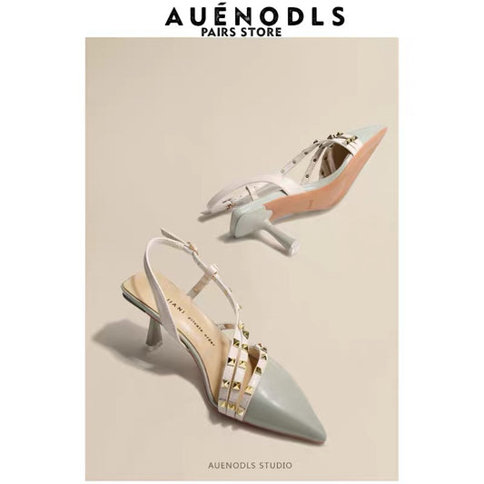 AUENODLS leather light green back empty strap rivet high-heeled shoes French word with pointed toe stiletto sandals women