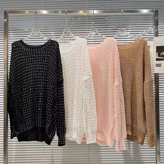 Net red with the same paragraph 2022 autumn new small fragrance particles rhinestone hot drill heavy industry knitted sweater loose sweater women